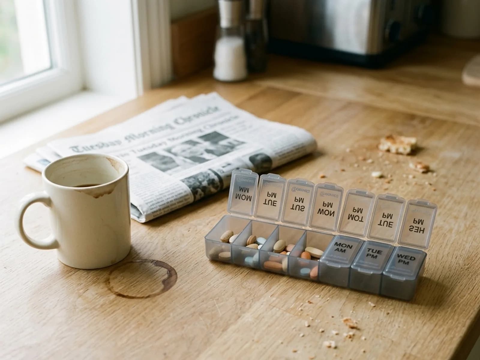 A daily plastic pill organizer with translucent compartments containing sorted tablets on a matte table.