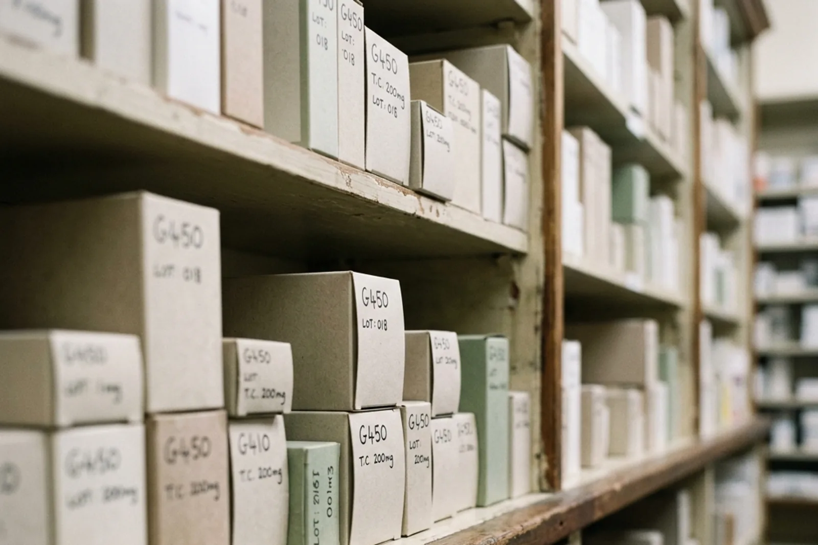 A detail of pharmacy shelves holding glass bottles and simple boxes.